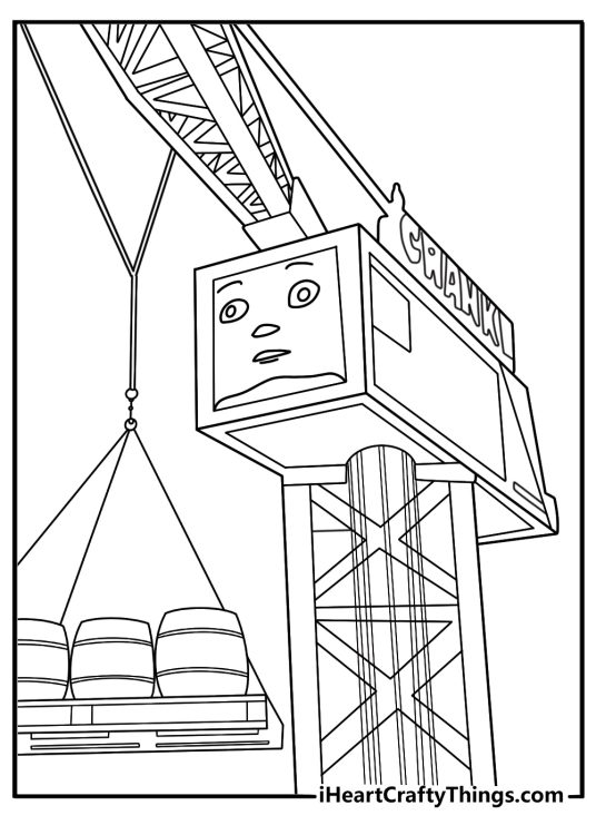 Cranky the crane lifting a cargo crate at the harbor coloring sheet
