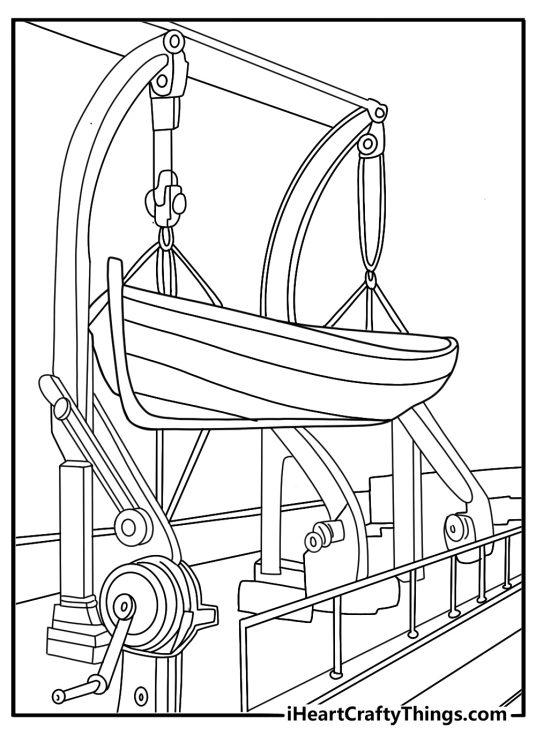 Crew lowering a lifeboat from davits Titanic printable coloring sheet