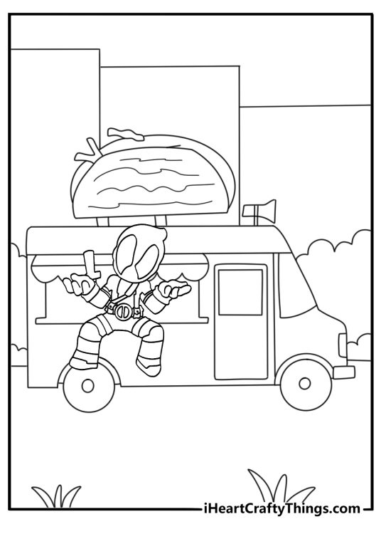 Cute Deadpool coloring page with chibi Deadpool sitting in a taco truck window