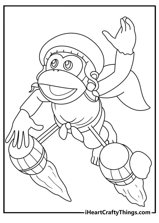 Cute Donkey Kong coloring sheet with Dixie Kong spinning her ponytail to glide