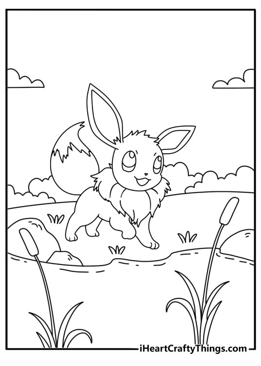 Cute Eevee coloring page with Eevee playing near a small pond