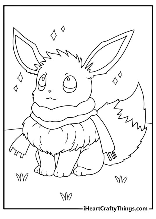 Cute Eevee coloring page with Eevee wearing a tiny scarf