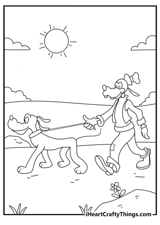 Cute Goofy coloring page with Goofy walking Pluto on a leash
