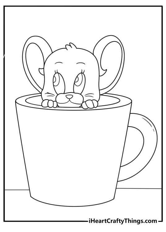 Cute Tom and Jerry coloring page with Jerry hiding inside a teacup