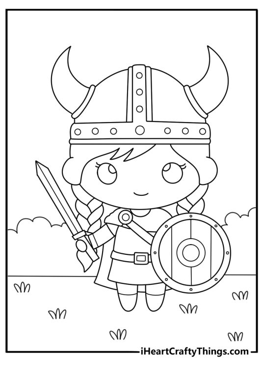 Cute Viking girl coloring page with braided hair and small sword