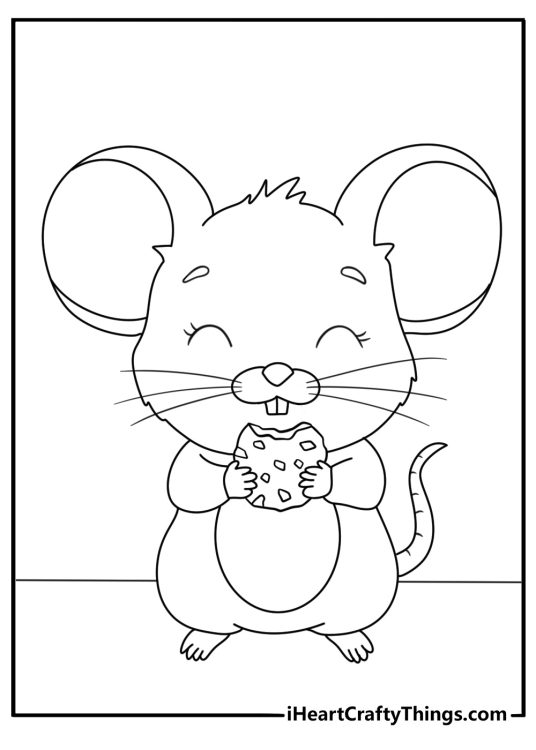Cute cookie coloring page with a mouse nibbling a small cookie