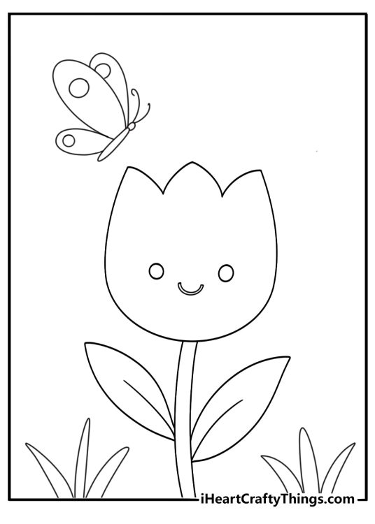 Cute kawaii tulip coloring sheet with round petals and small butterfly above