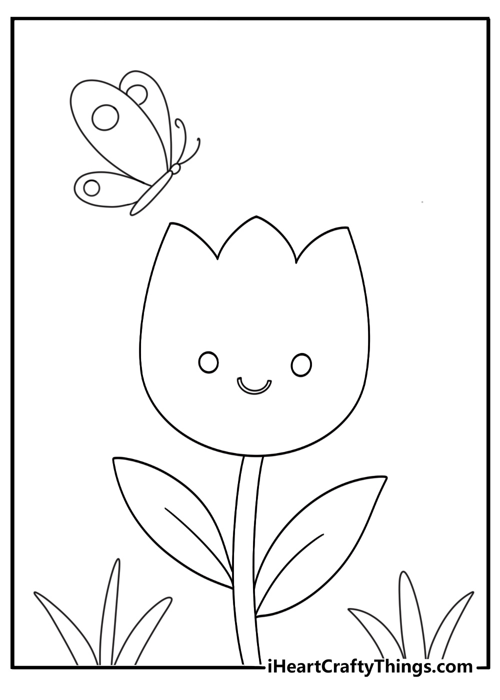 Cute kawaii tulip coloring sheet with round petals and small butterfly above