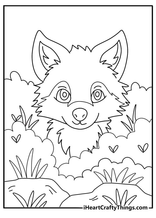 Cute kawaii wolf cub peeking from den easy coloring sheet for kids