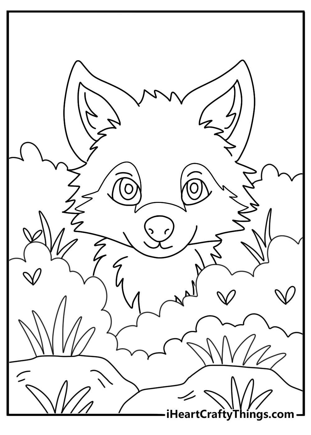 Cute kawaii wolf cub peeking from den easy coloring sheet for kids