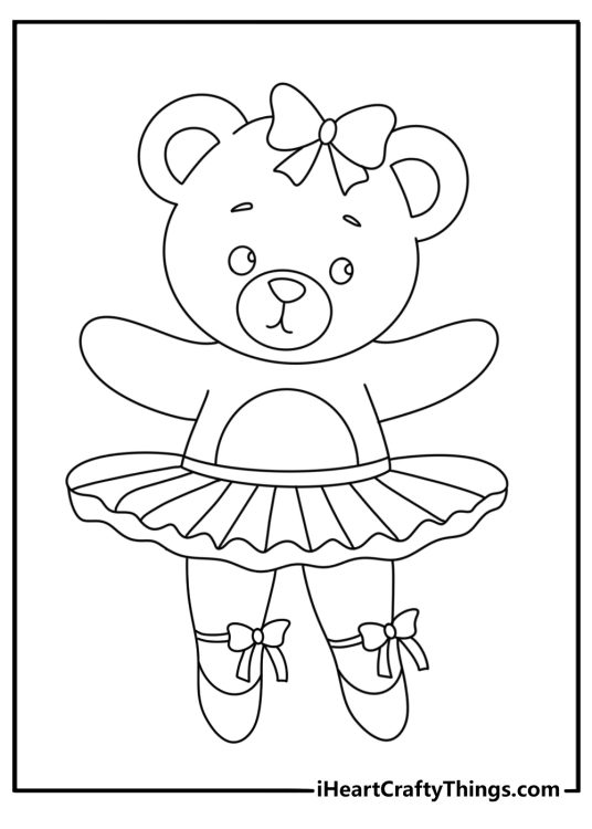 Cute teddy bear coloring page with a bear dressed for ballet class