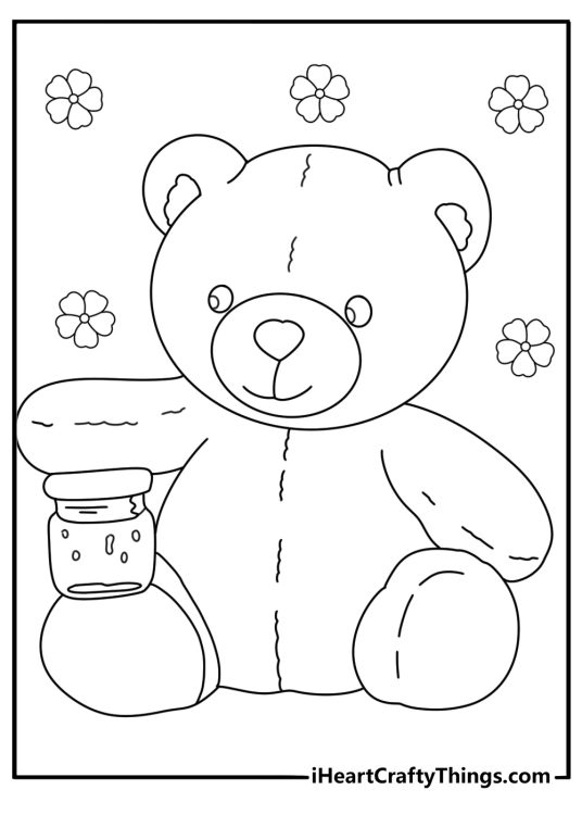 Cute teddy bear coloring page with a bear holding a small honey jar
