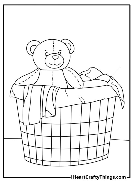 Cute teddy bear coloring page with a bear in a basket of laundry
