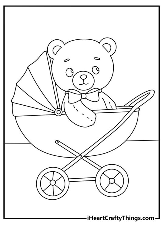 Cute teddy bear coloring page with a bear sitting in a baby stroller