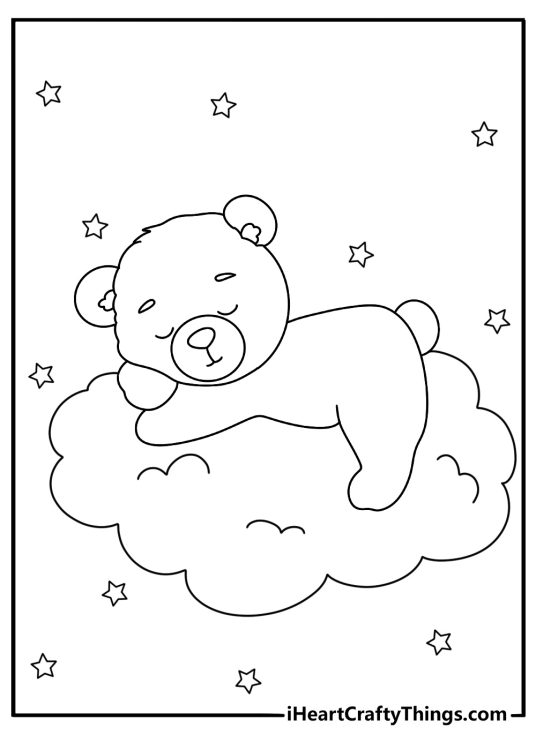 Cute teddy bear coloring page with a teddy bear sleeping on a cloud