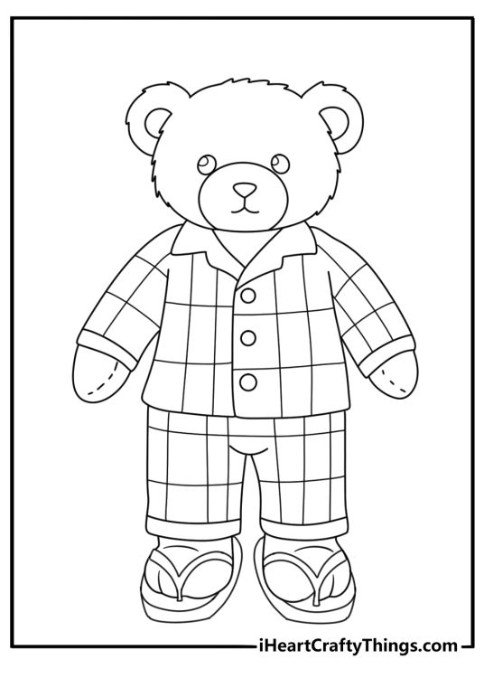 Cute teddy bear coloring pages with a bear wearing pajamas and slippers