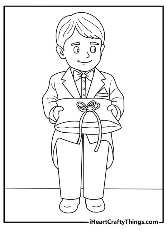 Cute wedding coloring page with a ring bearer holding a small pillow