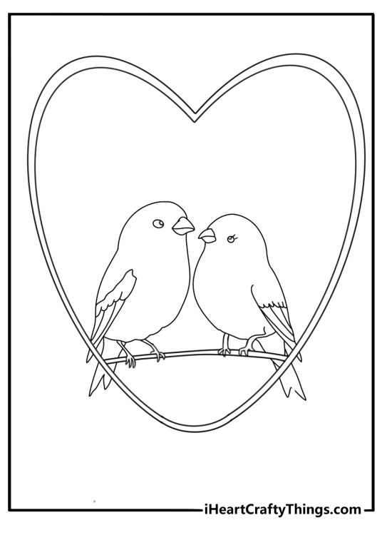 Cute wedding coloring page with two lovebirds on a heart shaped perch