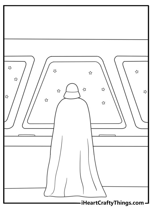 Darth Vader on Star Destroyer bridge with window view of stars coloring page for adults PDF download