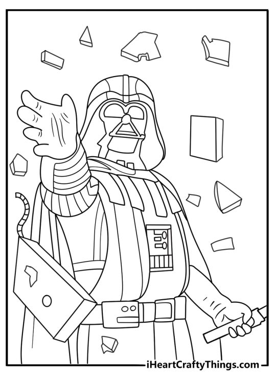 Darth Vader using the Force to lift broken droids in a corridor simple coloring sheet for kids
