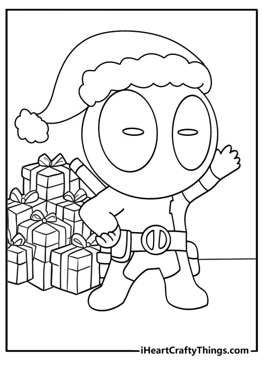 Deadpool Christmas coloring page with the hero wearing a Santa hat beside wrapped gifts
