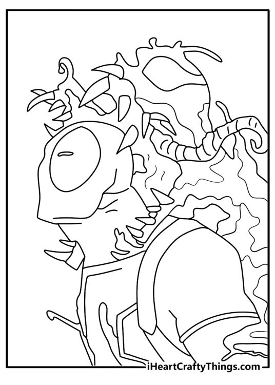 Deadpool Venom coloring page with symbiote tendrils wrapping around the masked hero