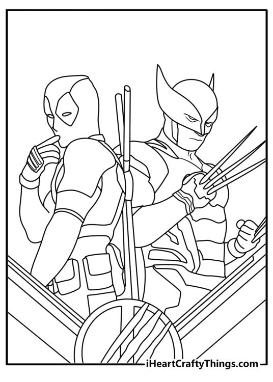 Deadpool and Wolverine coloring pages with the two heroes back to back