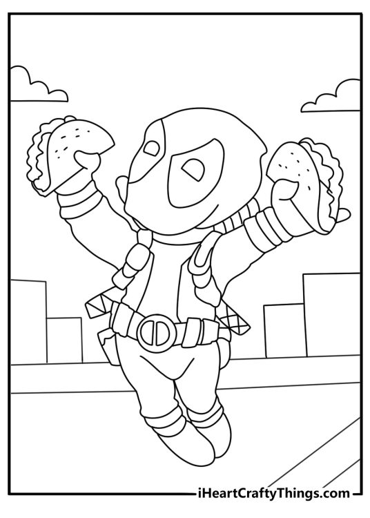 Deadpool coloring page with the masked hero eating tacos on a rooftop