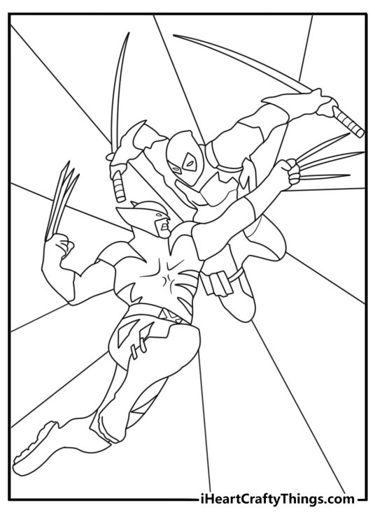 Deadpool vs Wolverine coloring pages with claws facing crossed swords