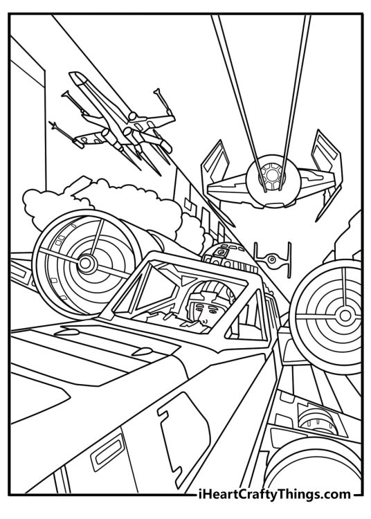 Death Star trench chase with Vader starfighter action coloring poster printable for adults