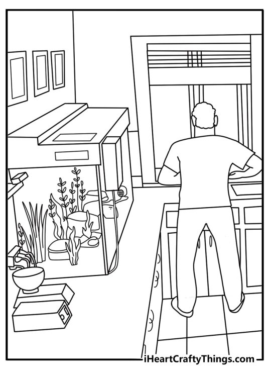 Dentist office aquarium scene detailed coloring sheet for adults