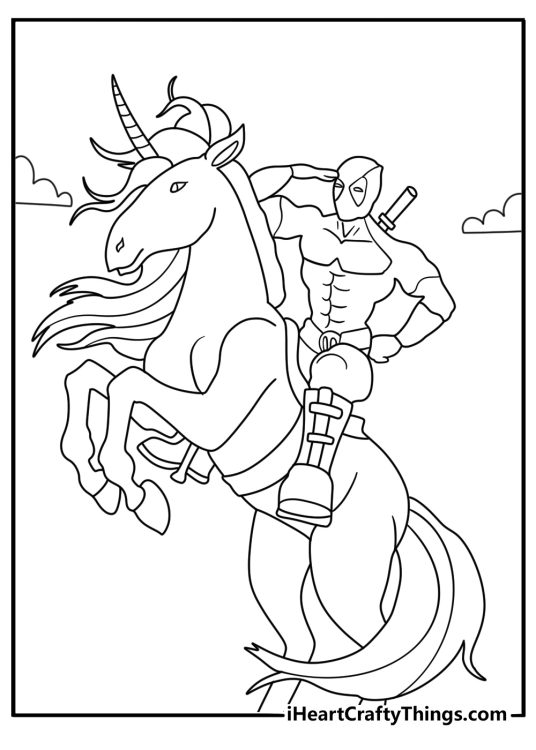 Detailed Deadpool coloring pages for adults with the hero riding a unicorn