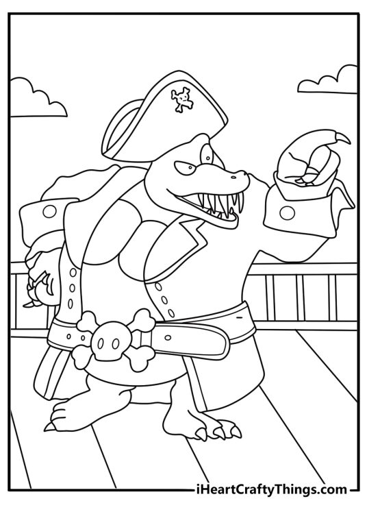 Detailed Donkey Kong coloring page showing King K Rool in pirate outfit on ship deck