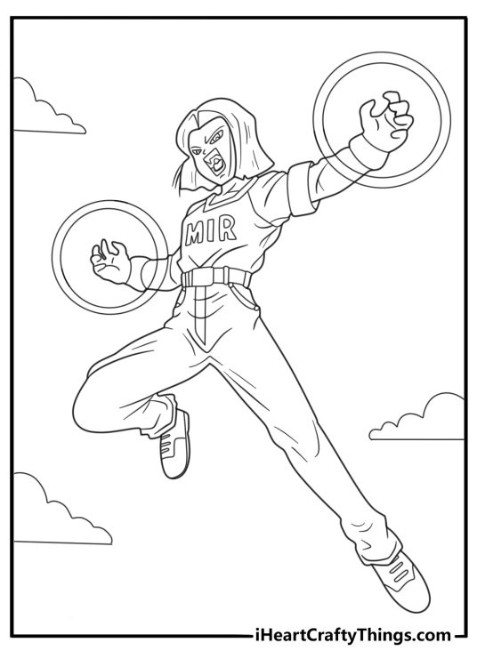 Detailed Dragon Ball coloring page of Android 17 in battle stance