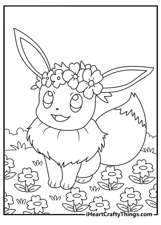 Detailed Eevee coloring page with Eevee surrounded by flower patterns