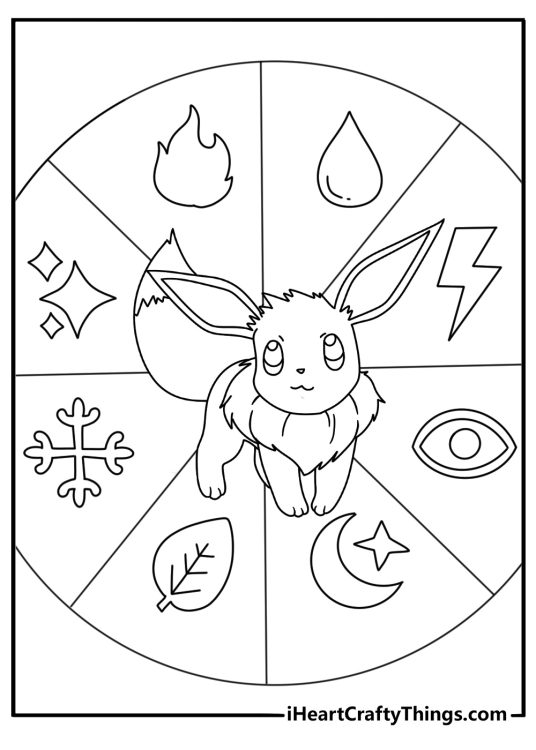 Detailed Eevee printable with Eevee and evolution symbols in a circle