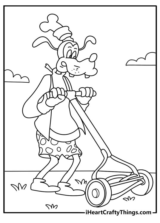 Detailed Goofy coloring pages pdf of Goofy mowing the lawn in a yard