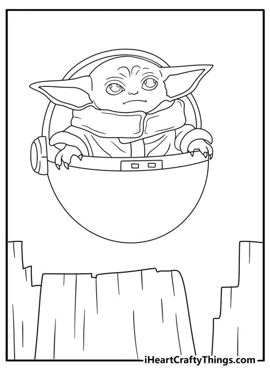 Detailed Grogu coloring printable featuring his pram above desert rocks