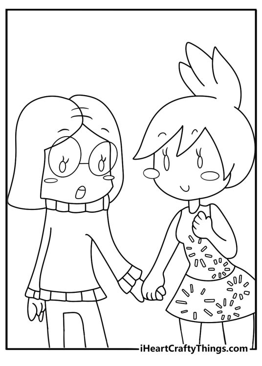 Detailed Inside Out coloring page with Joy and Sadness holding hands