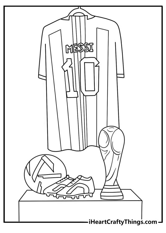Detailed Lionel Messi coloring page with Messi in Argentina kit near a world cup trophy