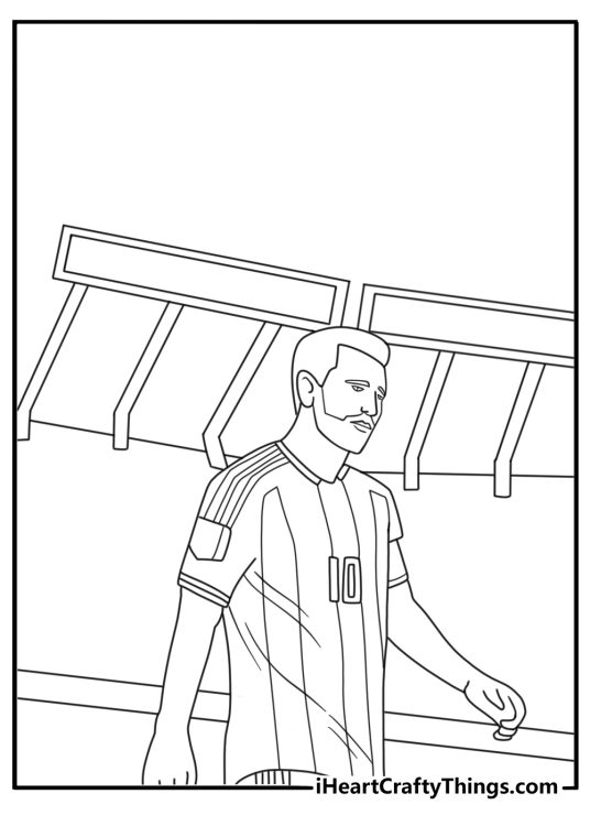 Detailed Messi coloring page for adults with stadium lights behind Messi