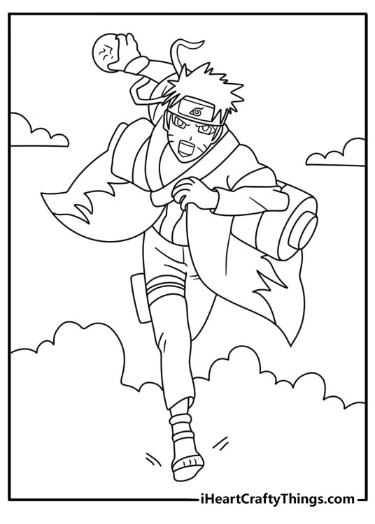 Detailed Naruto coloring page with Naruto in sage mode holding a rasengan