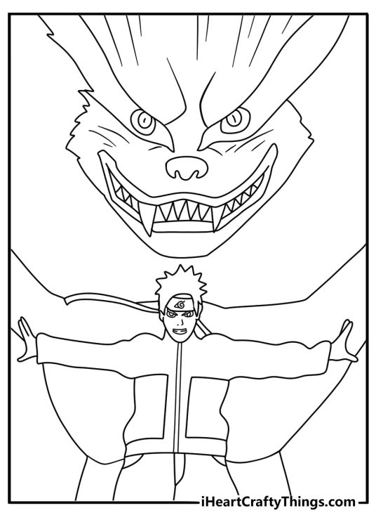Detailed Naruto printable for adults with Kurama behind Naruto