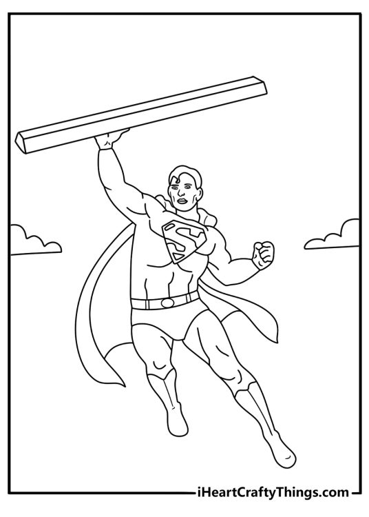 Detailed Superman printable with the hero holding a large steel beam