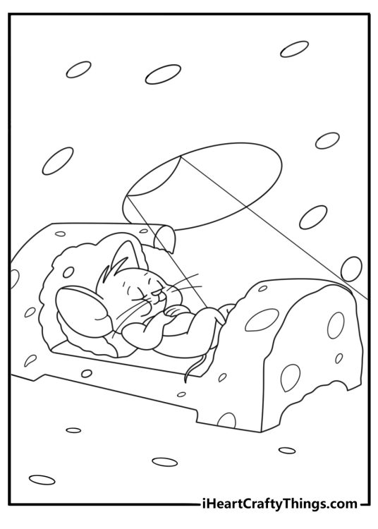 Detailed Tom and Jerry coloring page with Jerry inside a cheese wedge tunnel