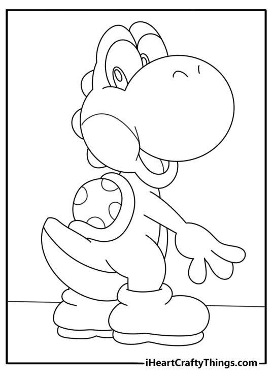 Detailed Yoshi coloring page featuring patterned boots and a saddle