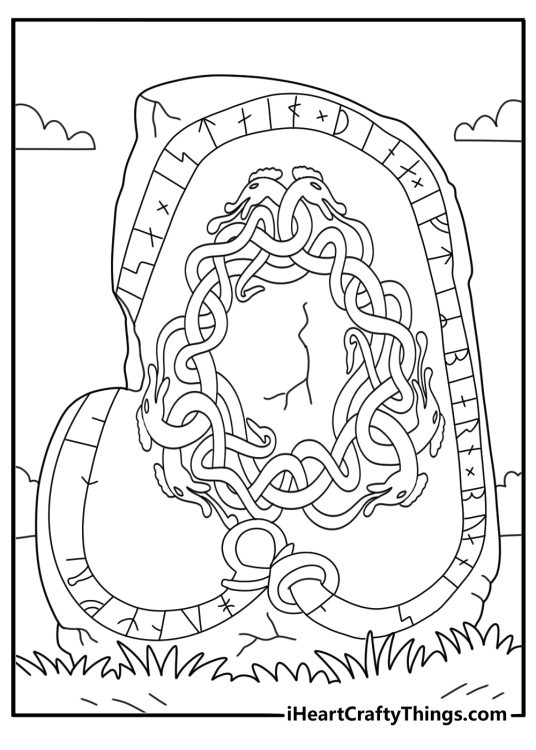 Detailed coloring page for adults of runestone with Norse symbols