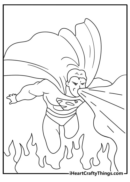 Detailed coloring page of Superman using freeze breath over a fire