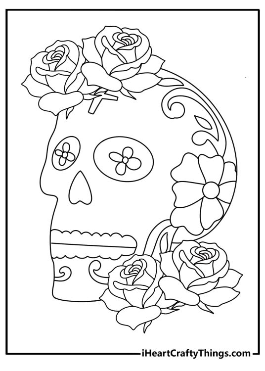 Detailed coloring pages for Cinco De Mayo with a decorated sugar skull and roses