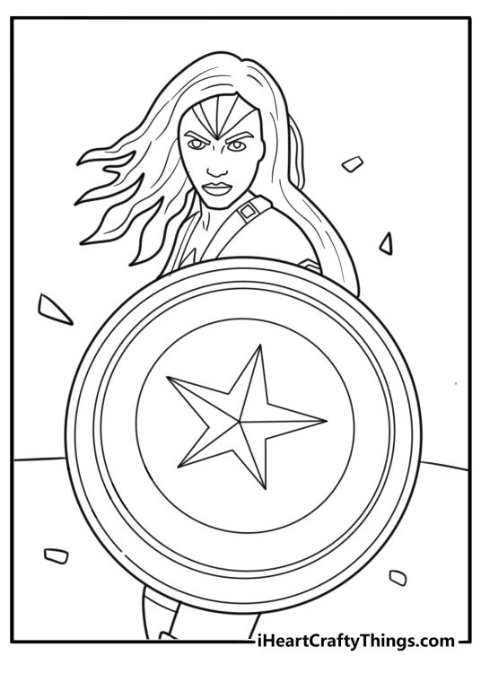 Detailed coloring sheet for adults Wonder Woman with round shield raised to guard